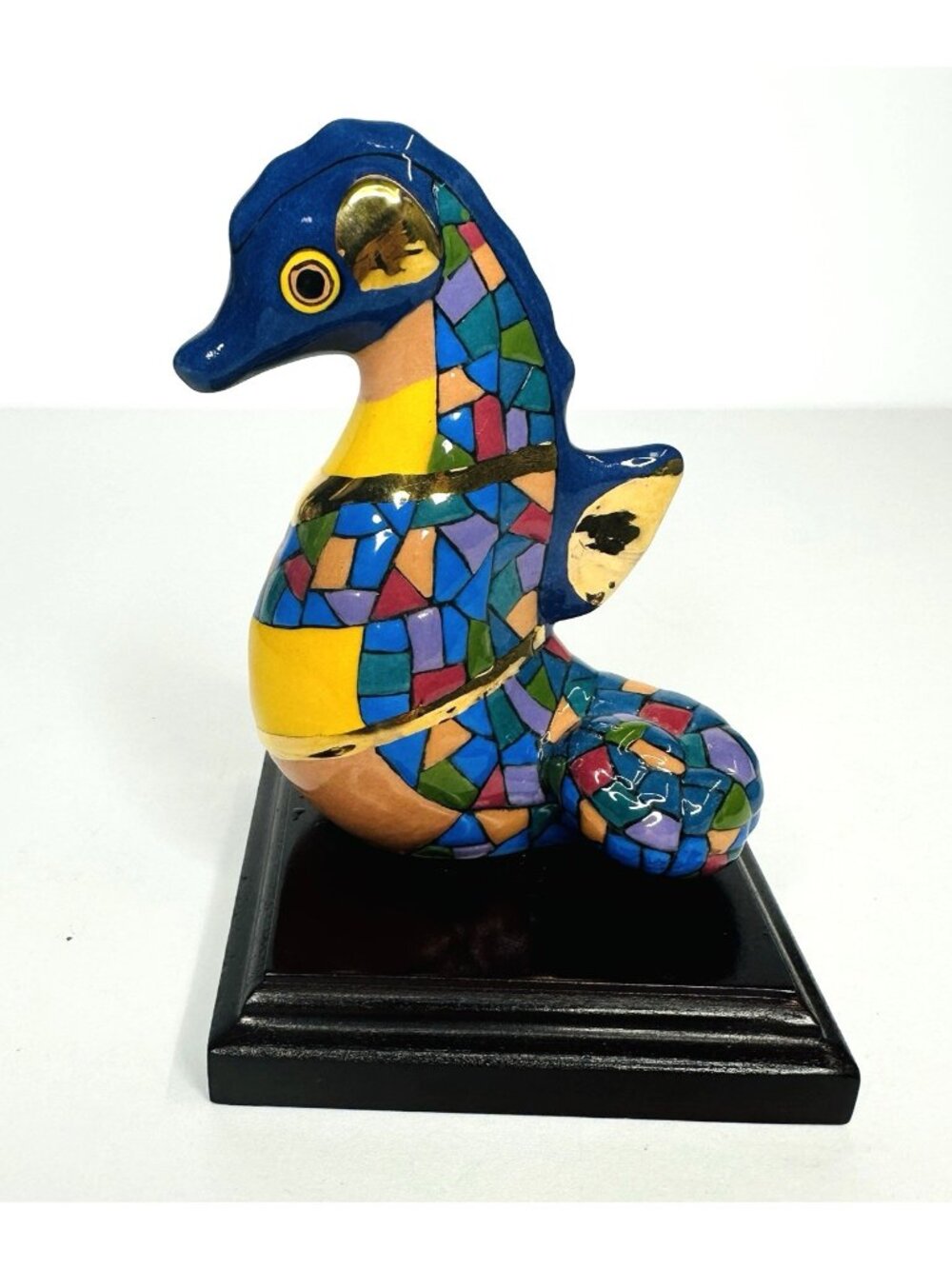 Colorful Mosaic Style Seahorse Figurine Statue on Wood Base Patchwork 4.5” Tall